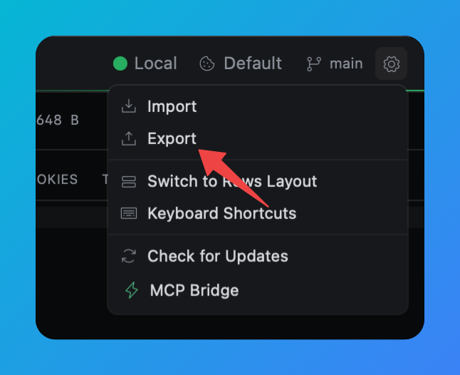 The settings menu, with Import and Export
