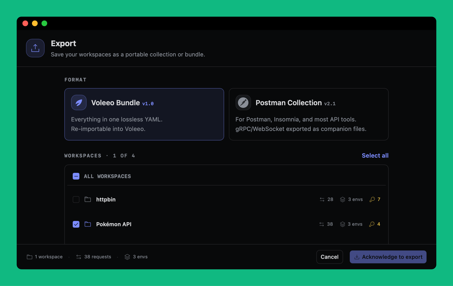 Choosing a format and the workspaces to export
