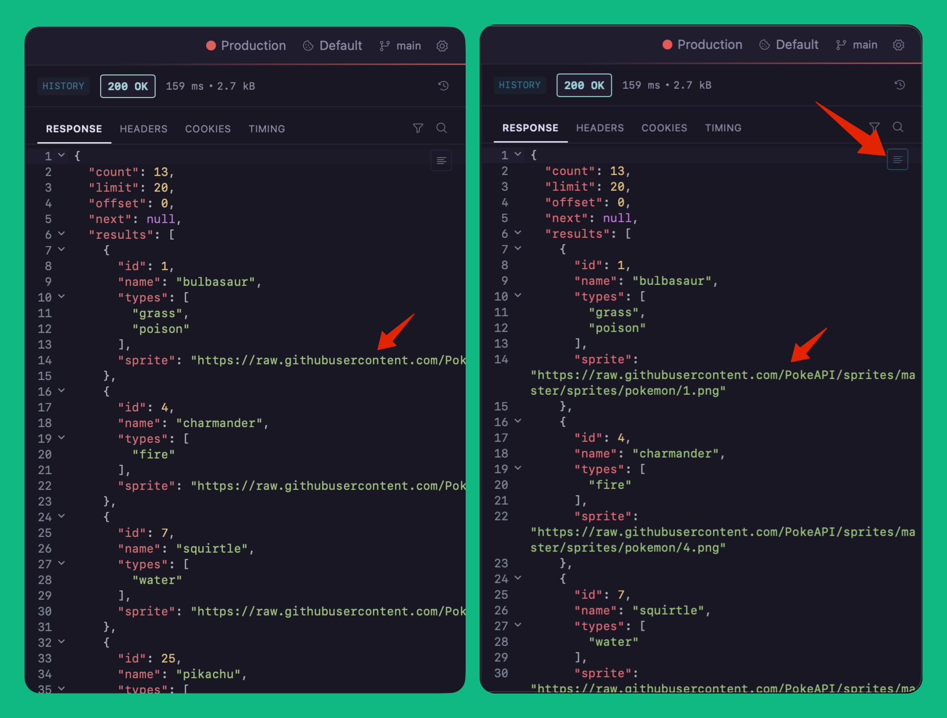 Toggling line wrap on a response with long URLs