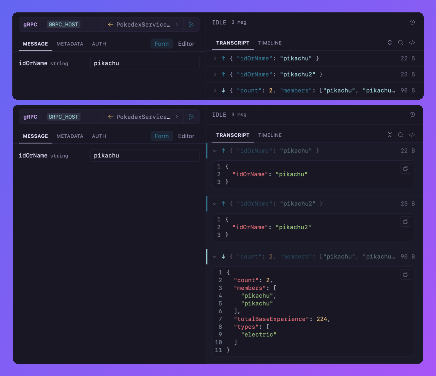 The gRPC transcript with expanded messages