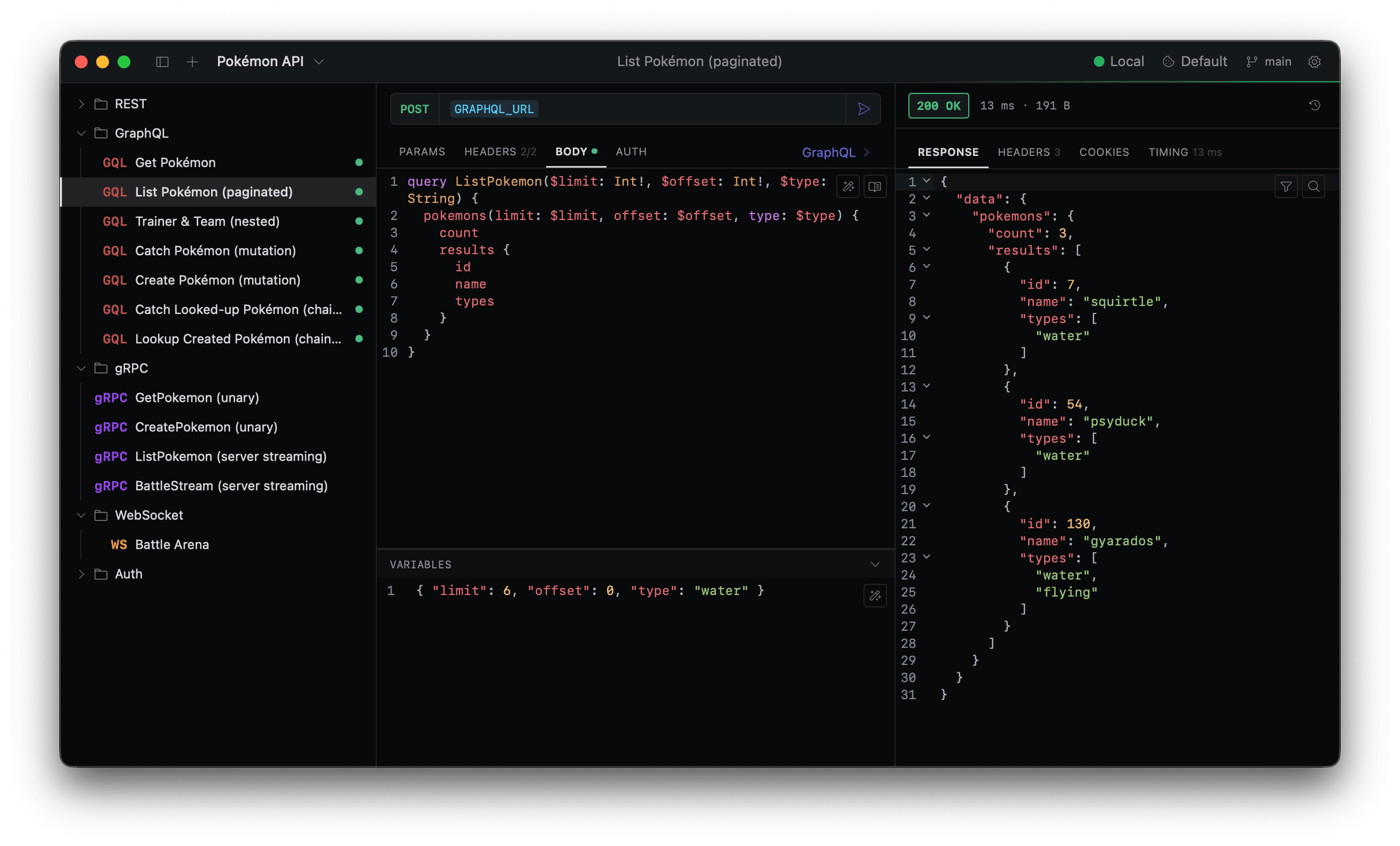 voleeo running a GraphQL query against a Pokémon API — workspace sidebar, request editor, and live response pane