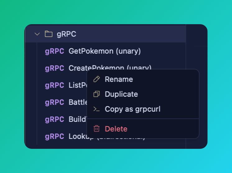 The right-click menu on a gRPC request with Copy as grpcurl