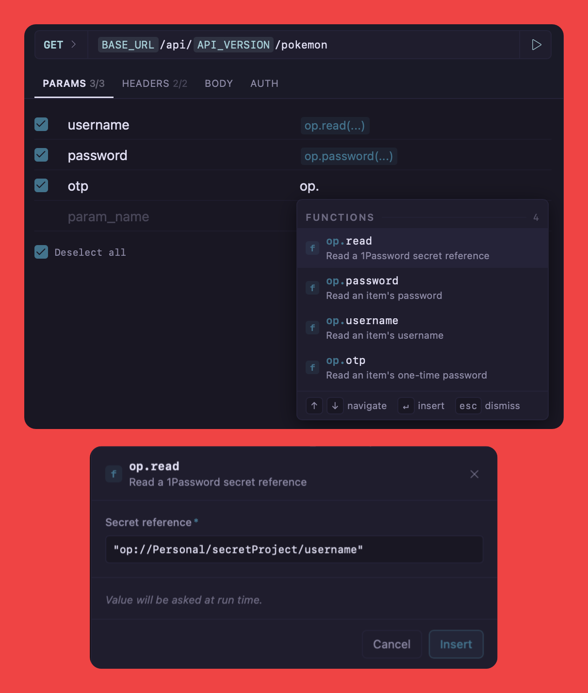 The 1Password functions and a secret reference